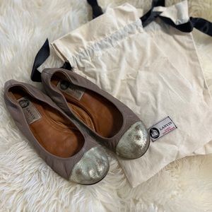 LANVIN Ballet flat captoe in goatskin color Mocha with metallic gold. Size 37.5
